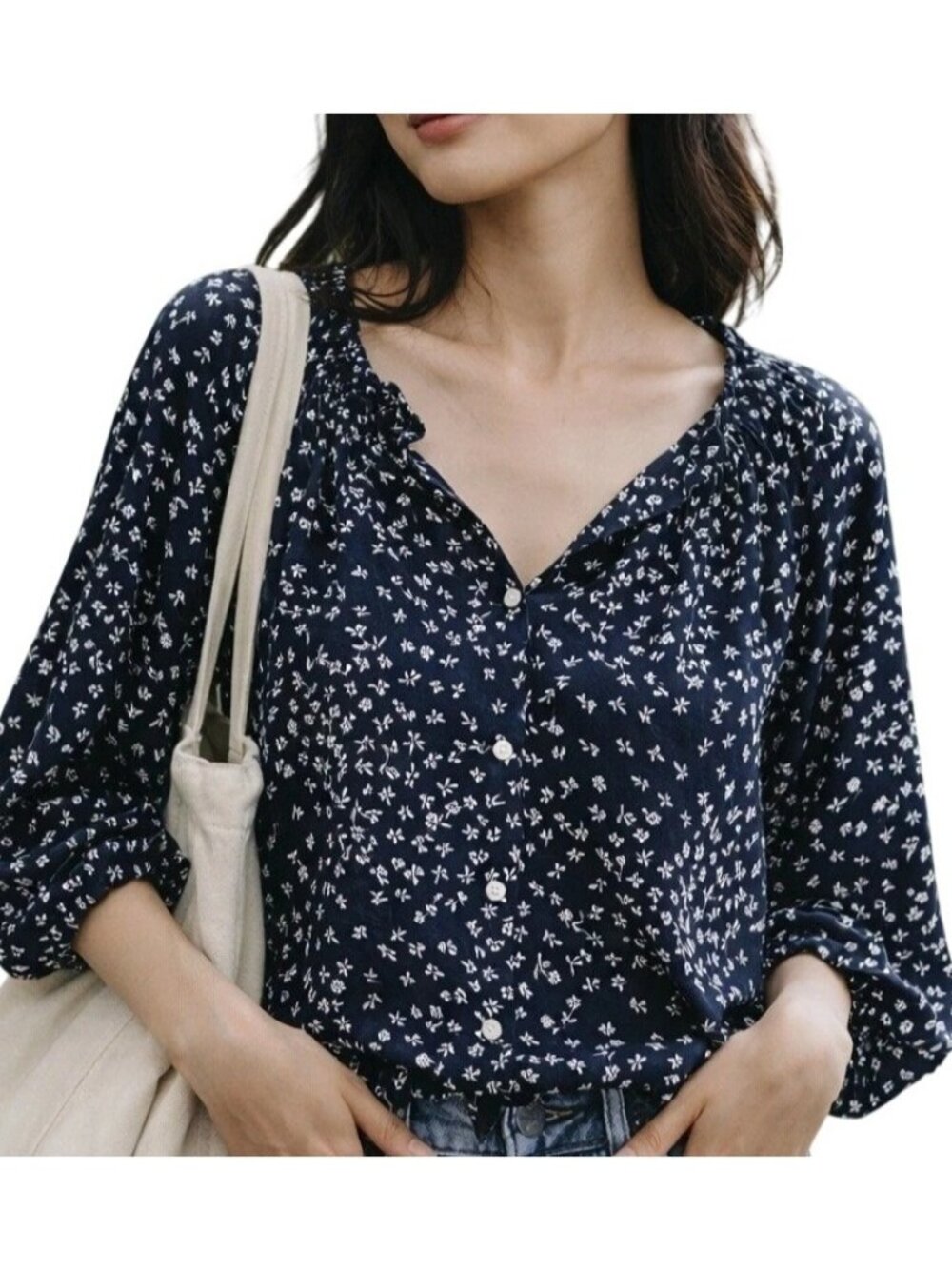 Gap Navy Blue Floral Puff Sleeve Button Down Blouse Shirt, size small